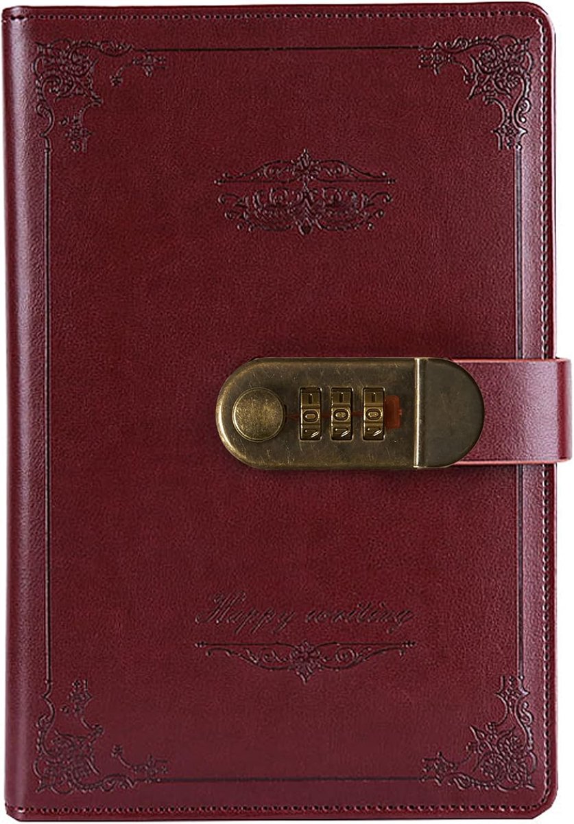SnelShoppen - Retro Vintage PU Leder Notitieboek met Wachtwoord Slot, A5 Schrijfplanner Organiser, Gecombineerde Inhoud, Lijnd Wire Binding Dagboek, P
