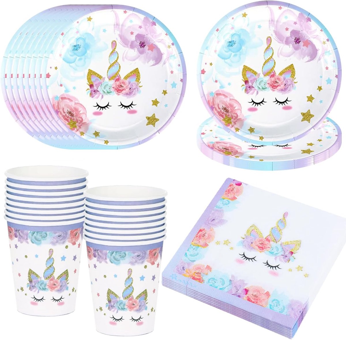 SnelShoppen - Unicorn Feest Tafelgerei Set voor 16 Gasten - 16 Papieren Borden, 16 Bekers, 20 Servetten - Kleurrijke Eenhoorn Verjaardagsdecoraties vo