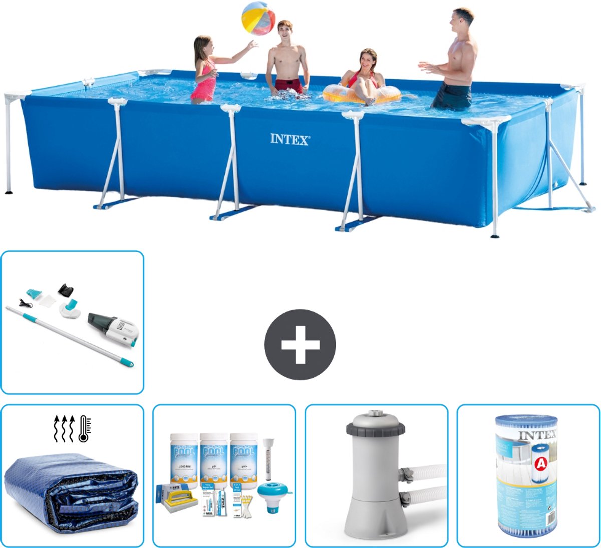 Intex Rechthoekig Frame Zwembad - 450 x 220 x 84 cm - Blauw - Inclusief Solarzeil - Onderhoudspakket - Zwembadfilterpomp - Filter - Stofzuiger - 6-delig