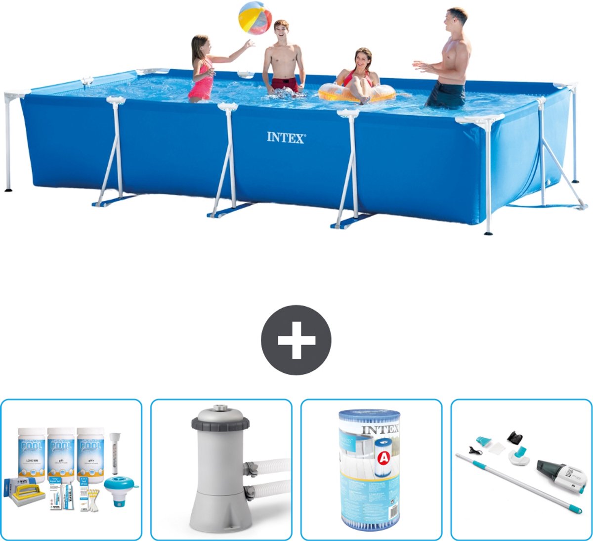 Intex Rechthoekig Frame Zwembad - 450 x 220 x 84 cm - Blauw - Inclusief Onderhoudspakket - Zwembadfilterpomp - Filter - Stofzuiger - 5-delig