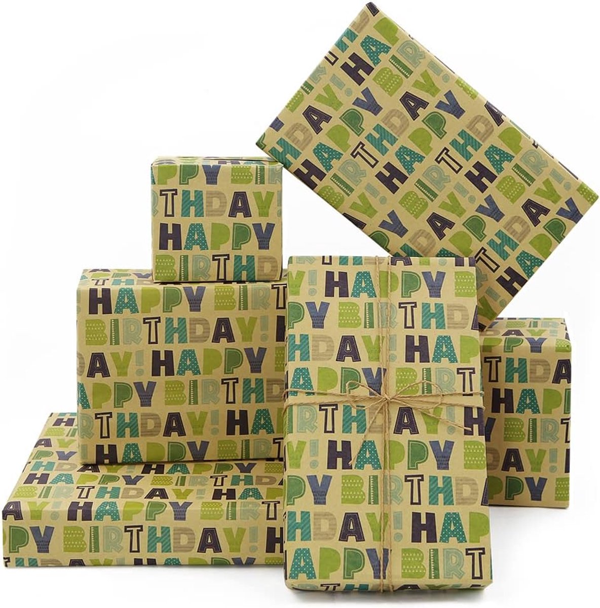 SnelShoppen - Groen Cadeaupapier Verjaardag voor Mannen, Vrouwen, Kinderen - Bruin Kraftpapier - 6 Vellen 50x70 cm - Perfect voor Verjaardagsfeestjes,