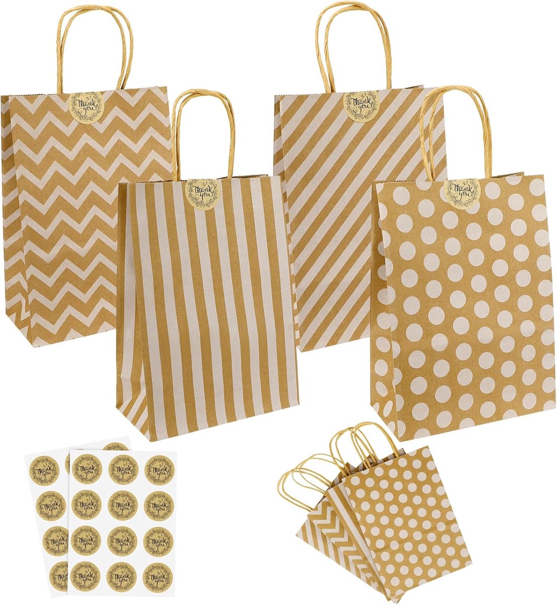 SnelShoppen - 24 Stuks Bruine Papieren Tassen met Handvat, Eco-vriendelijk Kraft Papier, 22x16x8 cm, Wit Gestreepte Cadeautassen voor Verjaardag, Fees