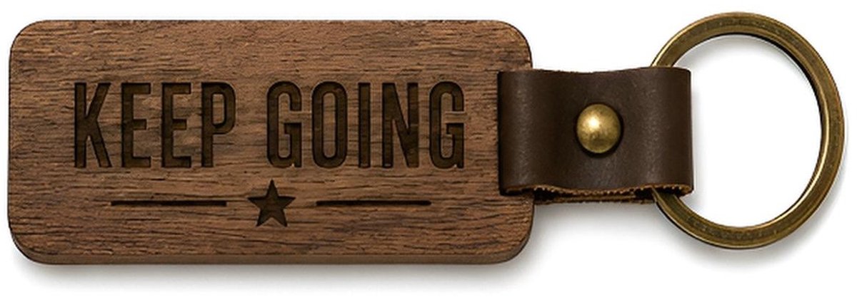 Houten Sleutelhanger "Keep going" - Met Gravure - Hout & PU Leer - 10 cm - Motivatie Cadeau / Steuntje in de Rug / Geslaagd
