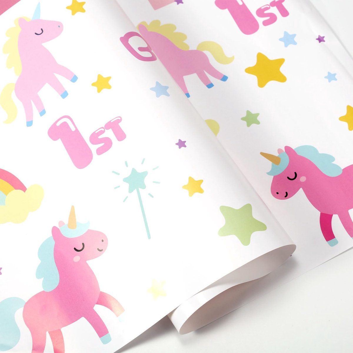 SnelShoppen - 10 Vellen Verjaardag Cadeaupapier voor Meisjes, 70x42cm Roze Eenhoorn Strik Verpakking Papier met Gelukkige Verjaardag voor Babyshowers