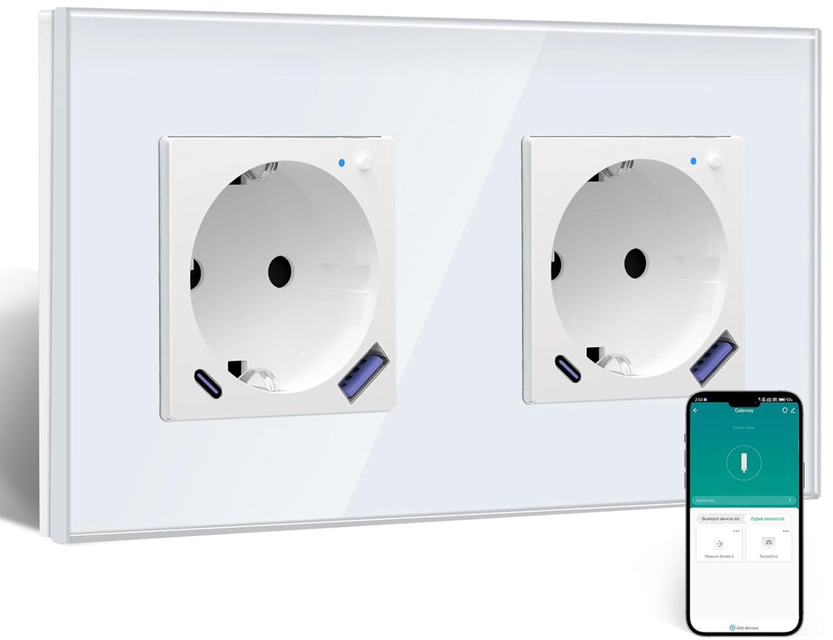 SnelShoppen - ZigBee Smart Dubbele Wandcontactdoos met USB-C 20W, Flush-montage, Voor Alexa/Google Home, Elektriciteitsmeter, 2-voudig Wit, Slimme Lev