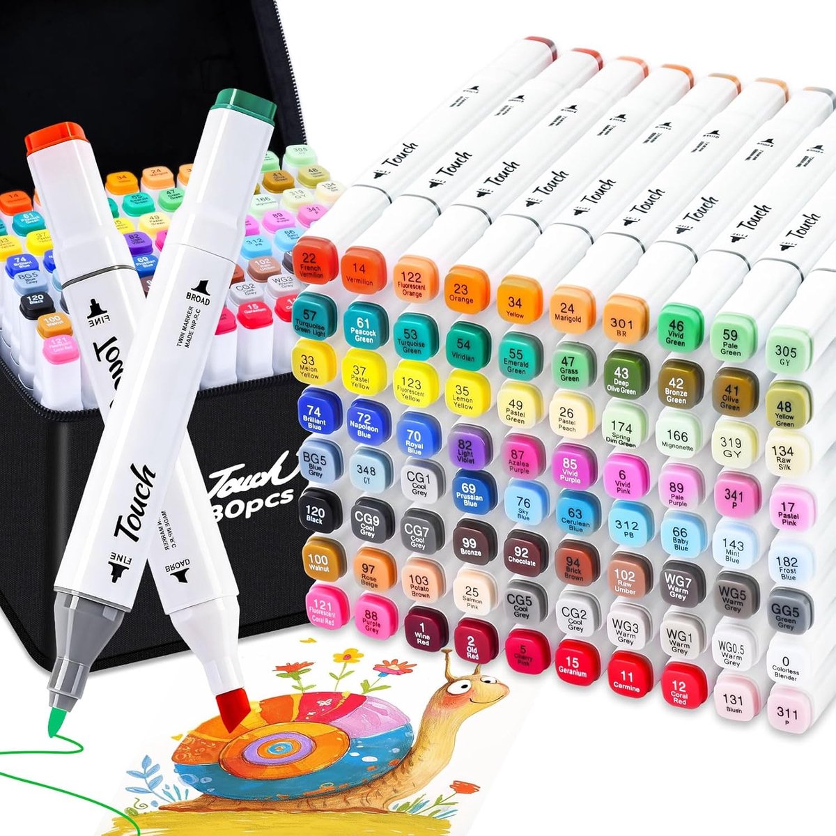 SnelShoppen - Alcohol Marker Set 80 Kleuren, Dubbele Punt (Fijne en Chisel) in Witte Case voor Volwassenen, Tekeningen, Illustraties, Schilderen, Sche