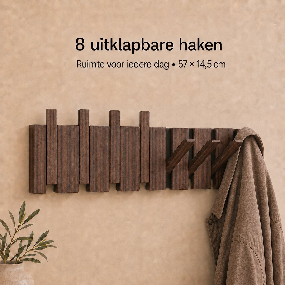 Zirkle Piano Wandkapstok – 8 Haken – 57,5 × 14,5 cm – Massief Houten Kapstok met Uitklapbare Kledinghaken – Ruimtebesparende Muurkapstok voor Jassen, Tassen, Sjaals en Handdoeken – Voor de Hal, Entree, Slaapkamer, Badkamer en Kinderkamer en Kantoor