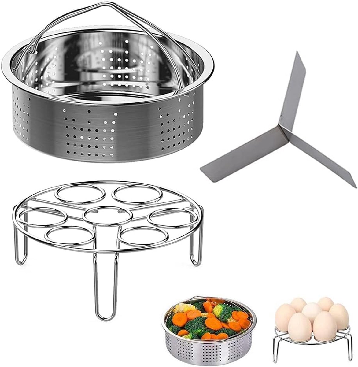 SnelShoppen - Steamer Rack Set 3-delige Accessoires voor Instant Pot - RVS Stoommandje, Eieren Stoomrek & Verdeelsysteem - Geschikt voor 5, 6, 8QT Pre