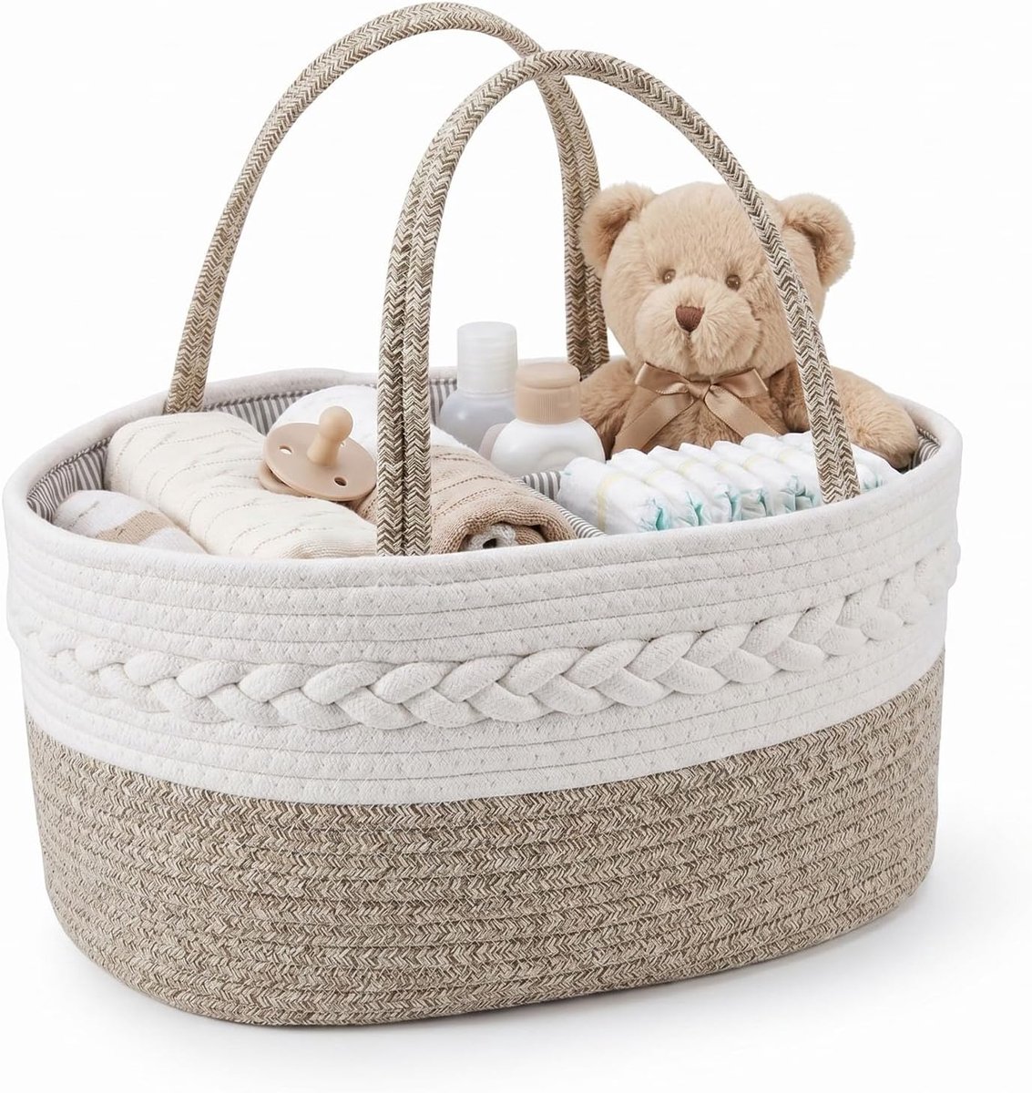 SnelShoppen - Luiercaddy Draagbare Katoenen Touwtas - Grote Opbergmand voor Babykamer - Afneembare Compartimenten voor Luiers en Babybenodigdheden - 3