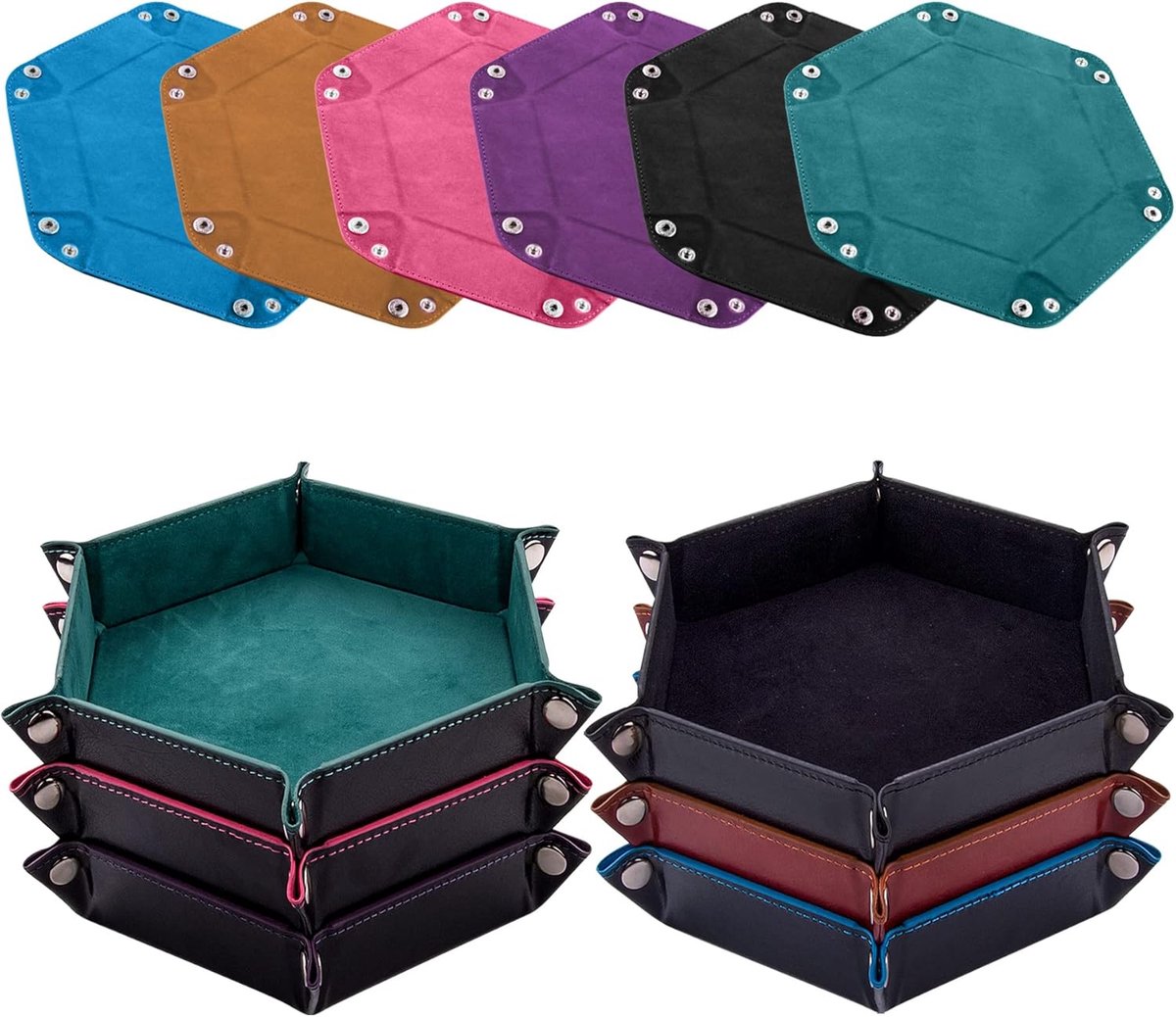 SnelShoppen - 6-delige hexagonale dobbelsteen trays van PU leer, opvouwbare rolhouders voor DND, RPG en tafelspellen in cyan, zwart, violet, roze, cam