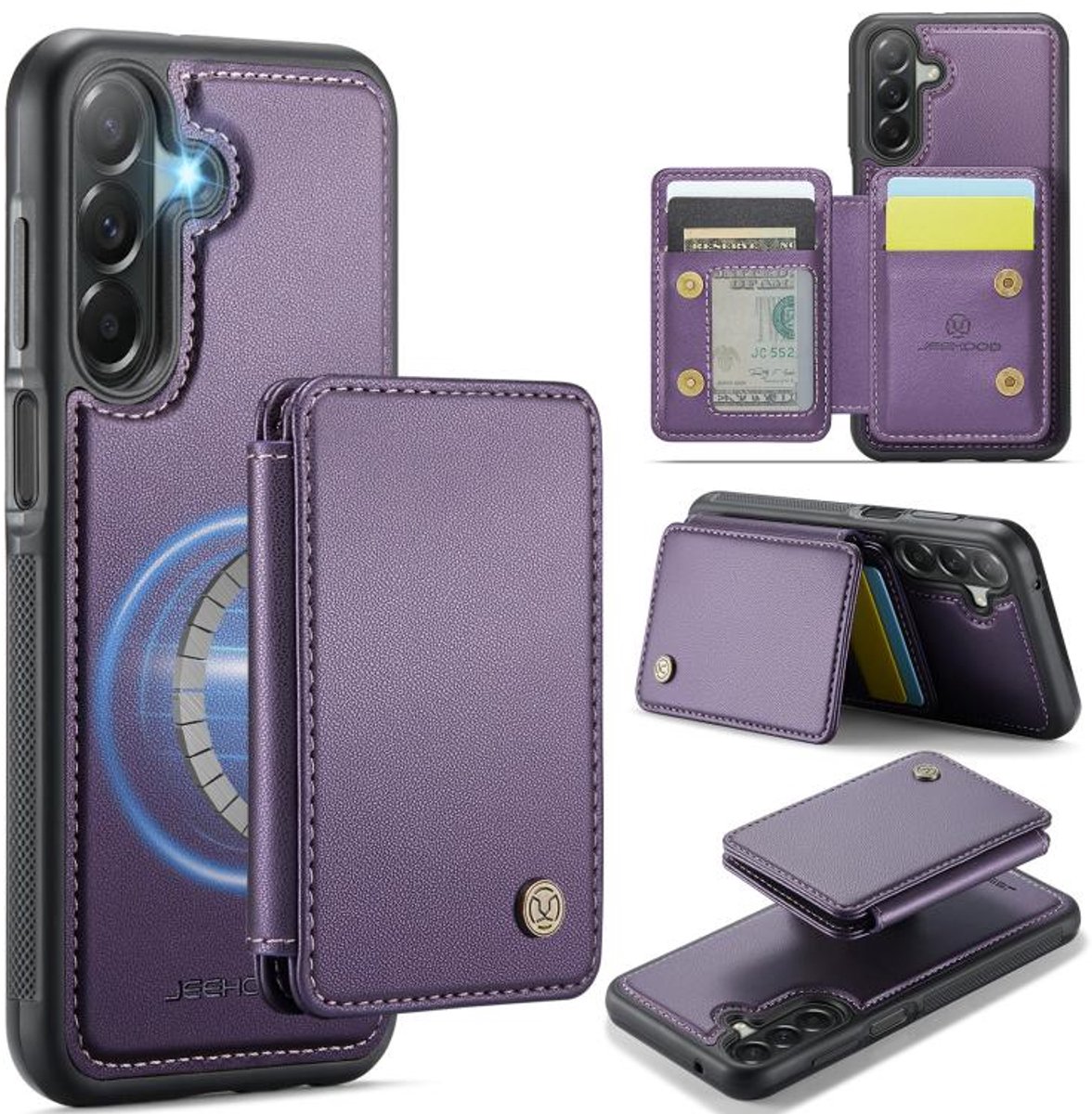 Telefoonhoesje geschikt voor de Samsung Galaxy A27 5G - Silicone TPU en kunst leer - paars back cover hoesje case met pasjeshouder - 4 pasjes afneembaar - MagSafe functie