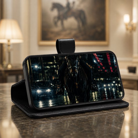 Telefoonhoes met een afbeelding van een zwart paard op een straat 's nachts. De telefoon staat rechtop.