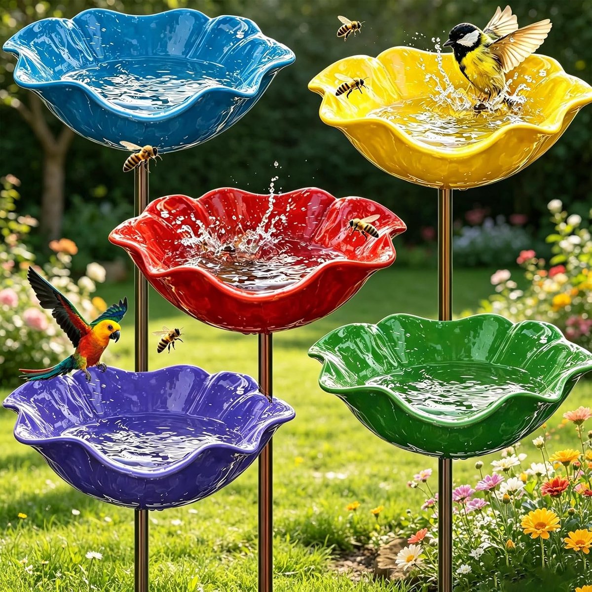 SnelShoppen - Vogelbad voor Staande Vogels, 5 Stuks Vogelvoederstation, Metalen Vogelkom, Tuindecoratie, Vogelvoeder Dispenser voor Buiten, Tuin, Binn