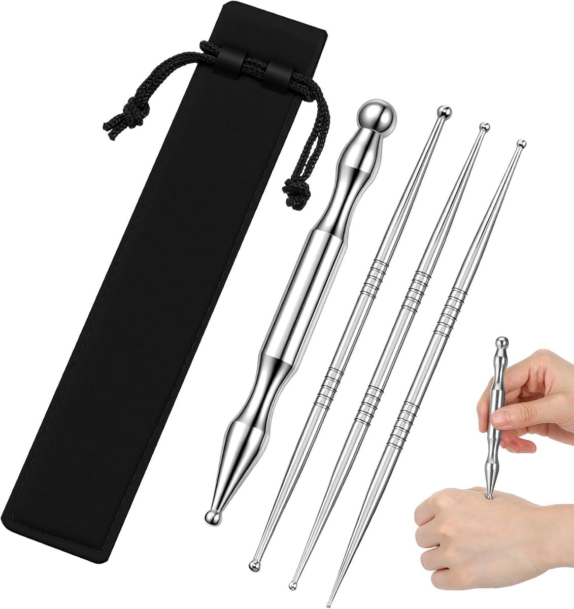 SnelShoppen - 4Pcs Acupressure Pen voor Gezicht Reflexologie, Dubbelzijdige RVS Massagetools, Spierpijn Verlichting, Diepe Weefselmassage, Ideaal voor