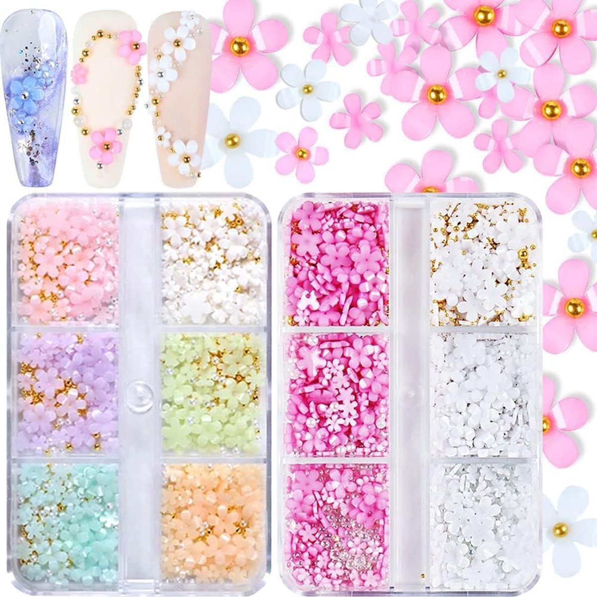 SnelShoppen - 2 Boxen 3D Bloem Nagelkunst Nail Charms, Hars Bloemen en Acryl Ornamenten met Gouden en Zilveren Kralen, DIY Nagel Design Accessoires