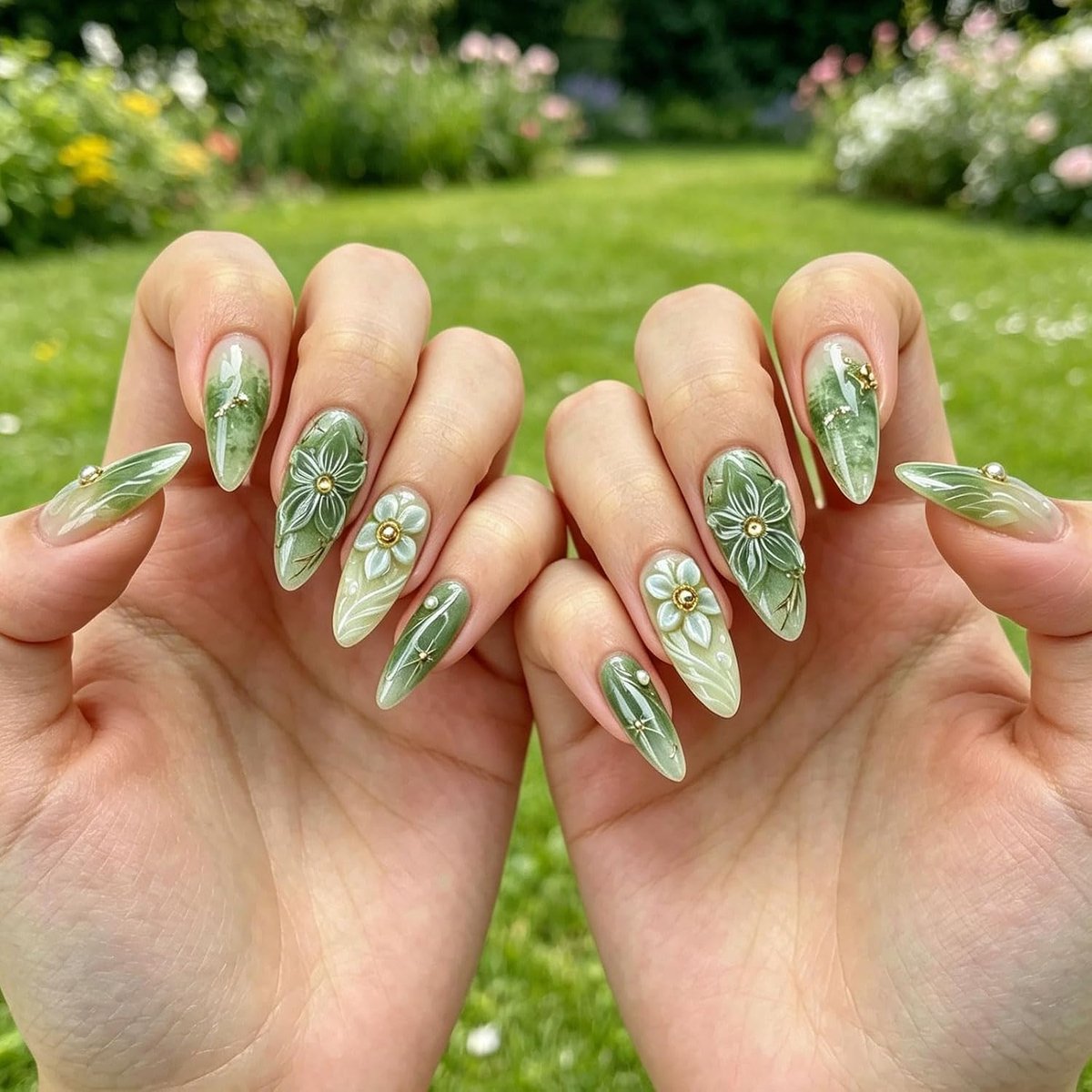 SnelShoppen - 30 stuks Amandelvormige Plaknagels Groen-Nude met 3D Bloemen, Vlinders, Parels - Complete Accessoireset voor DIY Nagelkunst en Feestelij