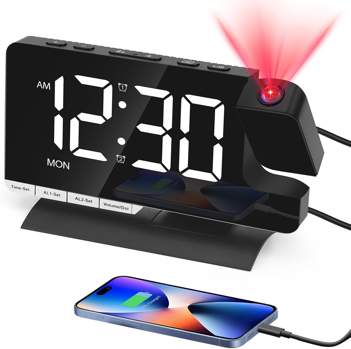SnelShoppen - Projectie Wekkerradio met 180° Projector, Dubbele Alarmfunctie, Sluimerfunctie, LED Spiegel Scherm, 6 Helderheidsinstellingen, 2 USB Opl