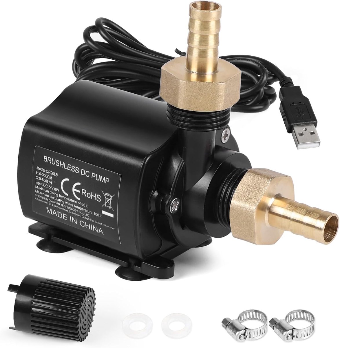 SnelShoppen - SWAWIS 5V Waterpomp met Toerentalregeling, 8W, Zwart Roestvrij Staal, Dompelpomp voor Vijver en Aquarium, 600 l/u, 3m USB-stekker, Compa