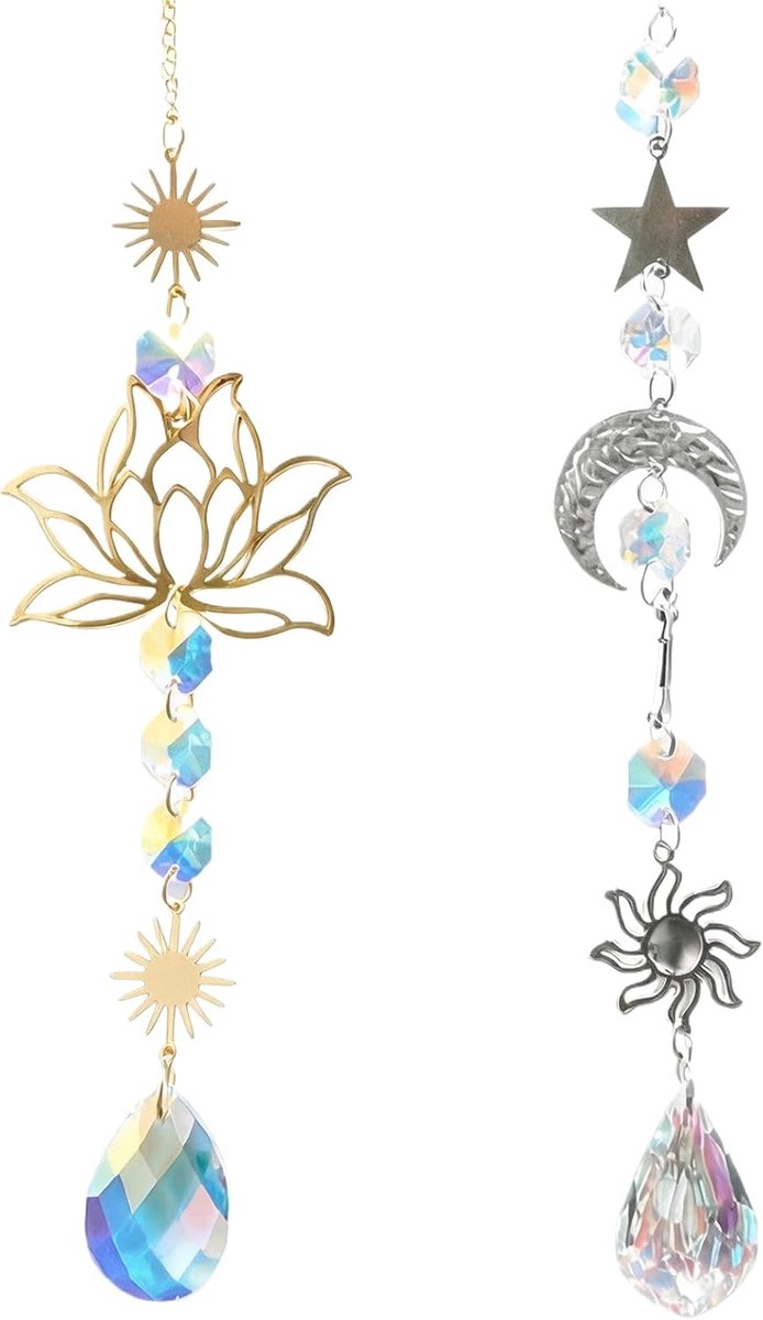 SnelShoppen - 2 Stuks Kristallen Zonnevangers met Lotus en Maanbloem - Regenboogeffecten voor Ramen en Tuin - Decoratieve Hangertjes voor een Magische