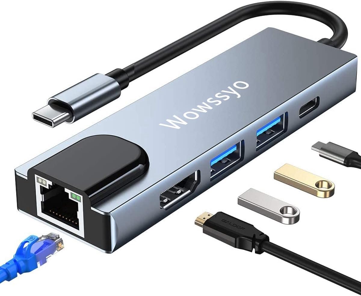 SnelShoppen - USB C Ethernet Hub 5 in 1 - Space Aluminum Adapter met 4K HDTV, USB 3.0, Quick Charge PD 87W voor MacBook, iPad, Chromecast, PS4, Window