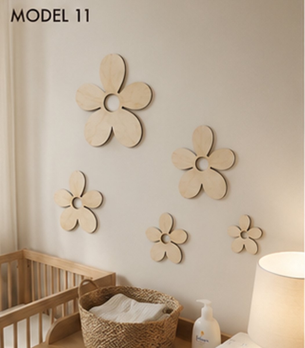 Houten Bloemen Wanddecoratie Babykamer – Set van 5 Bloemen – Scandinavische Kinderkamer Decoratie – Natuurlijk Berkenhout