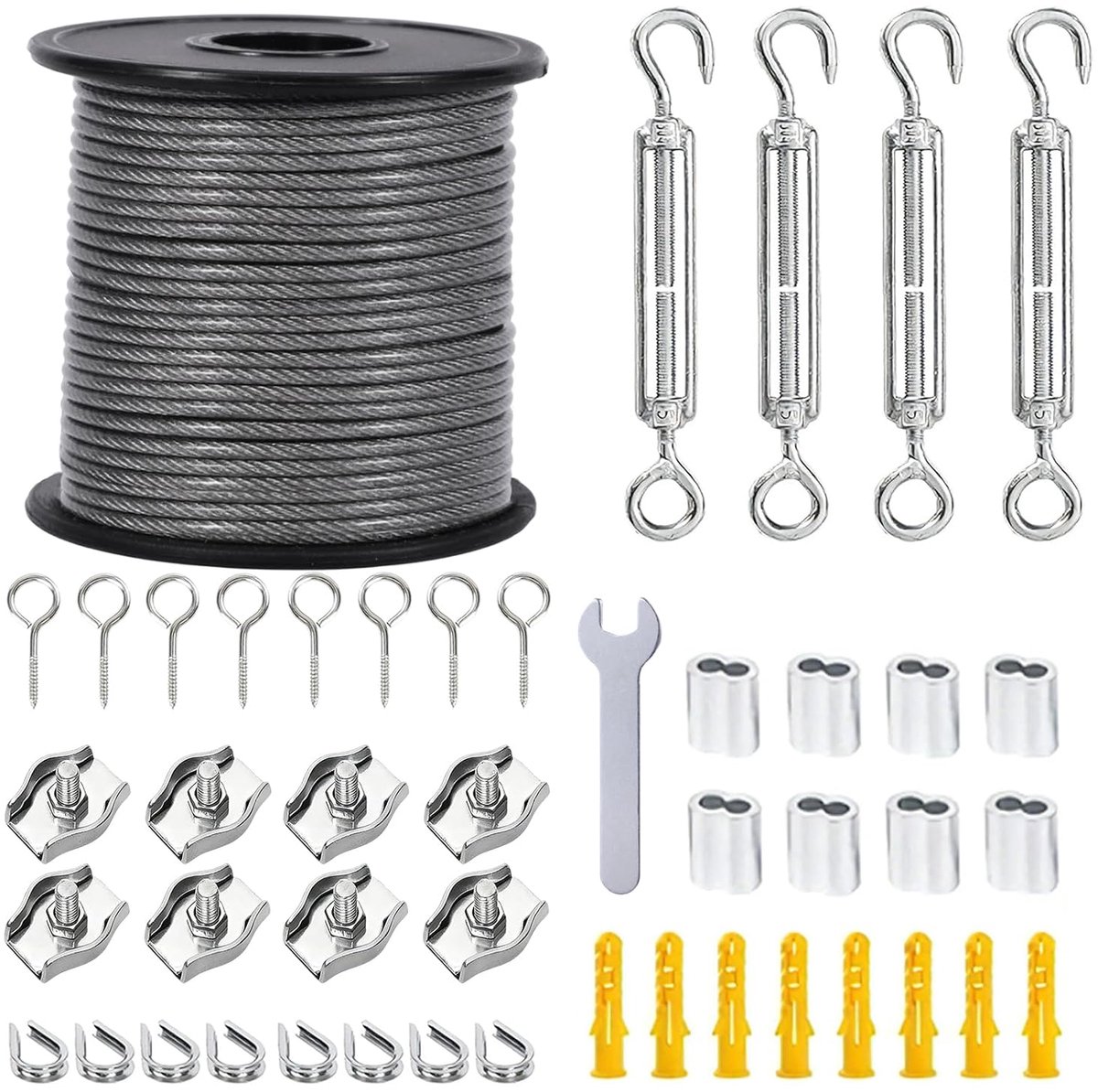 SnelShoppen - 30m RVS Kabel 2mm met M5 Spanners en Ooghaken, Weerbestendige Stalen Kabel voor Waslijn, Tuin, Decoratie, Verlichting en Doe-Het-Zelf Pr