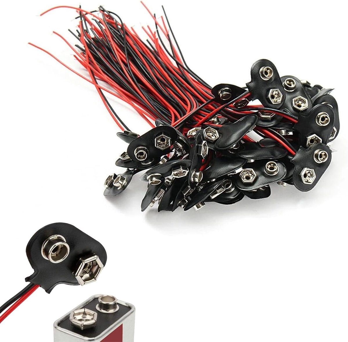SnelShoppen - Pack van 30 Stuks 9 V Batterij Clip Socket - T-Type Snap-on Batterijclips met 15 cm Kabel - Robuuste en Duurzame Universele Batterijbeug
