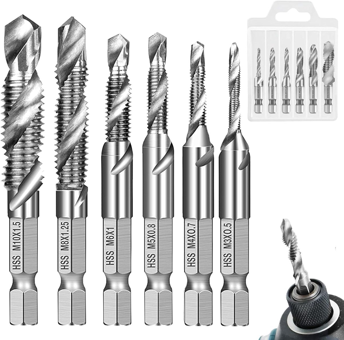 SnelShoppen - Pack van 6 Combi Bit Boor- en Draad Cutter Set M3, M4, M5, M6, M8, M10 - HSS Staal, Hex Shank, Roestbestendig - Voor Metaal, Hout, Plast