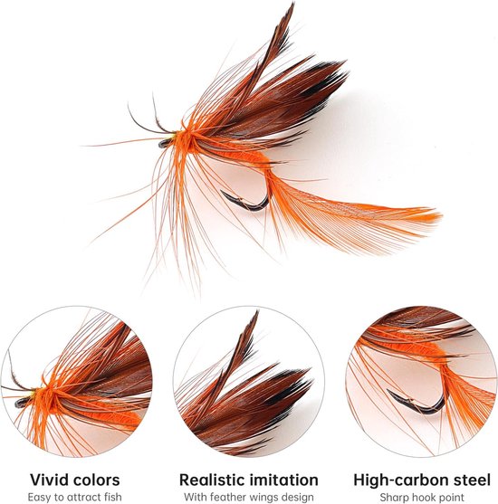 SnelShoppen - 12pcs Vlindervissen - Handgemaakte Vissnoeren voor Baars, Panfish, Forel, Zalm - Levensgetrouwe Vliegvissen met Kleurrijke Veren — afbeelding 2