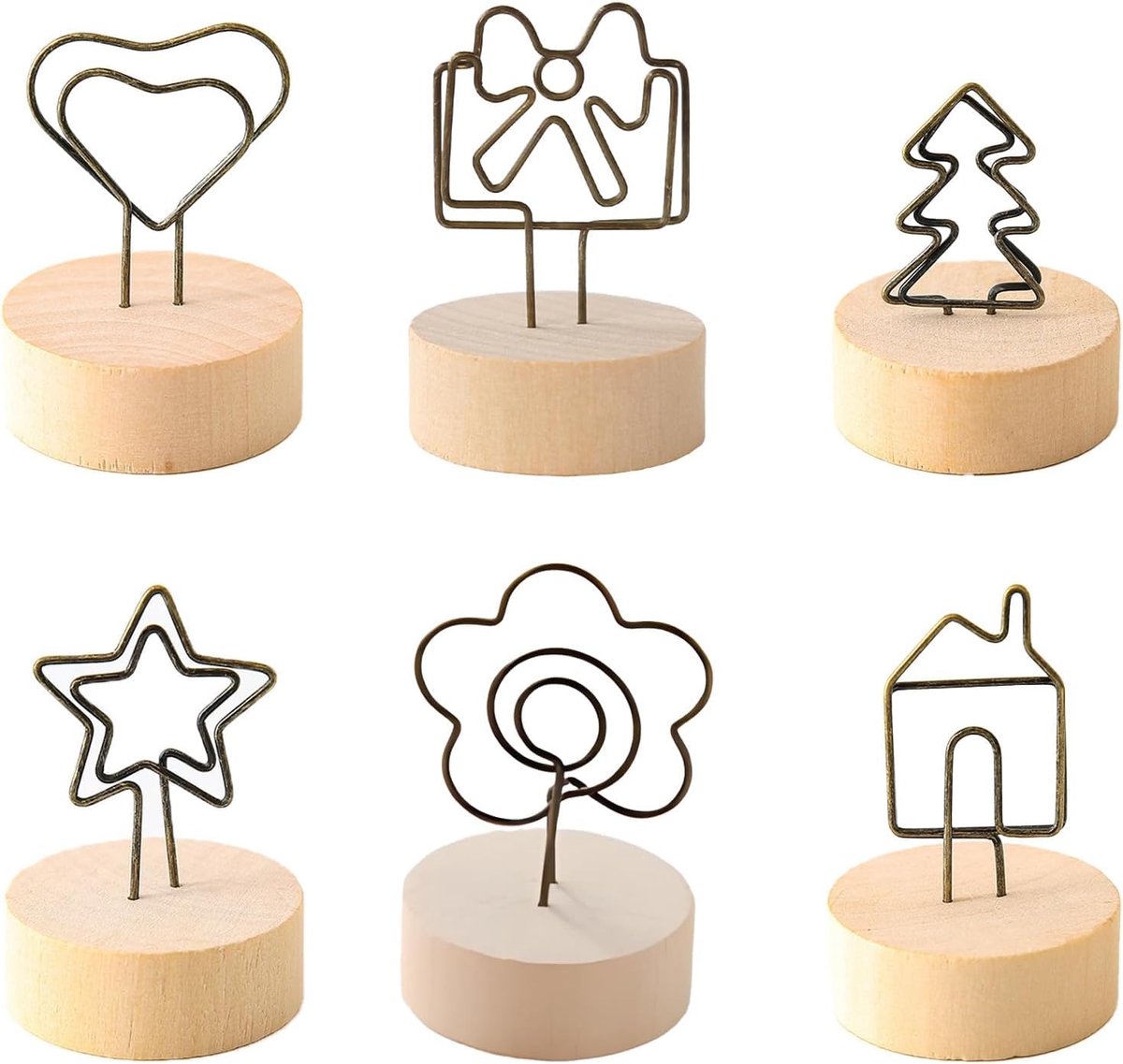 SnelShoppen - 6 Pcs Fotohouders van Hout met Clips, Decoratieve Notitiehouders in 6 Stijlen, Fotostand voor Bruiloft, Verjaardagsfeest, Kantoor en Hui