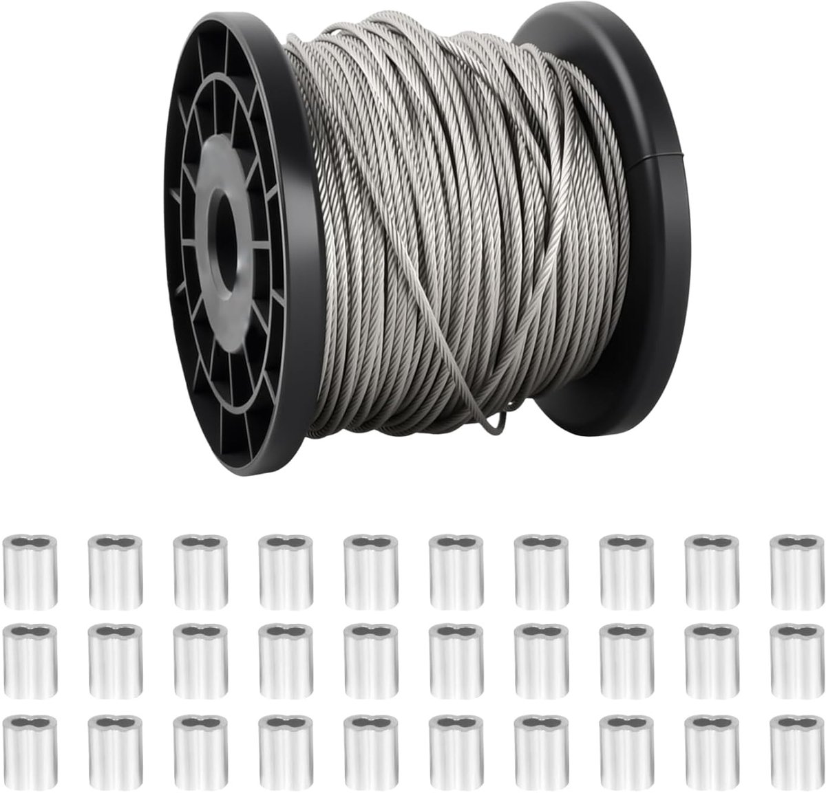 SnelShoppen - 50 m Rvs Kabel 2 mm 7x7 Roestvrij Staal met 30 Aluminium Krimpkousen - Sterke Kabel voor Handrails, Klimhulp, Foto's Ophangen, Gordijn S