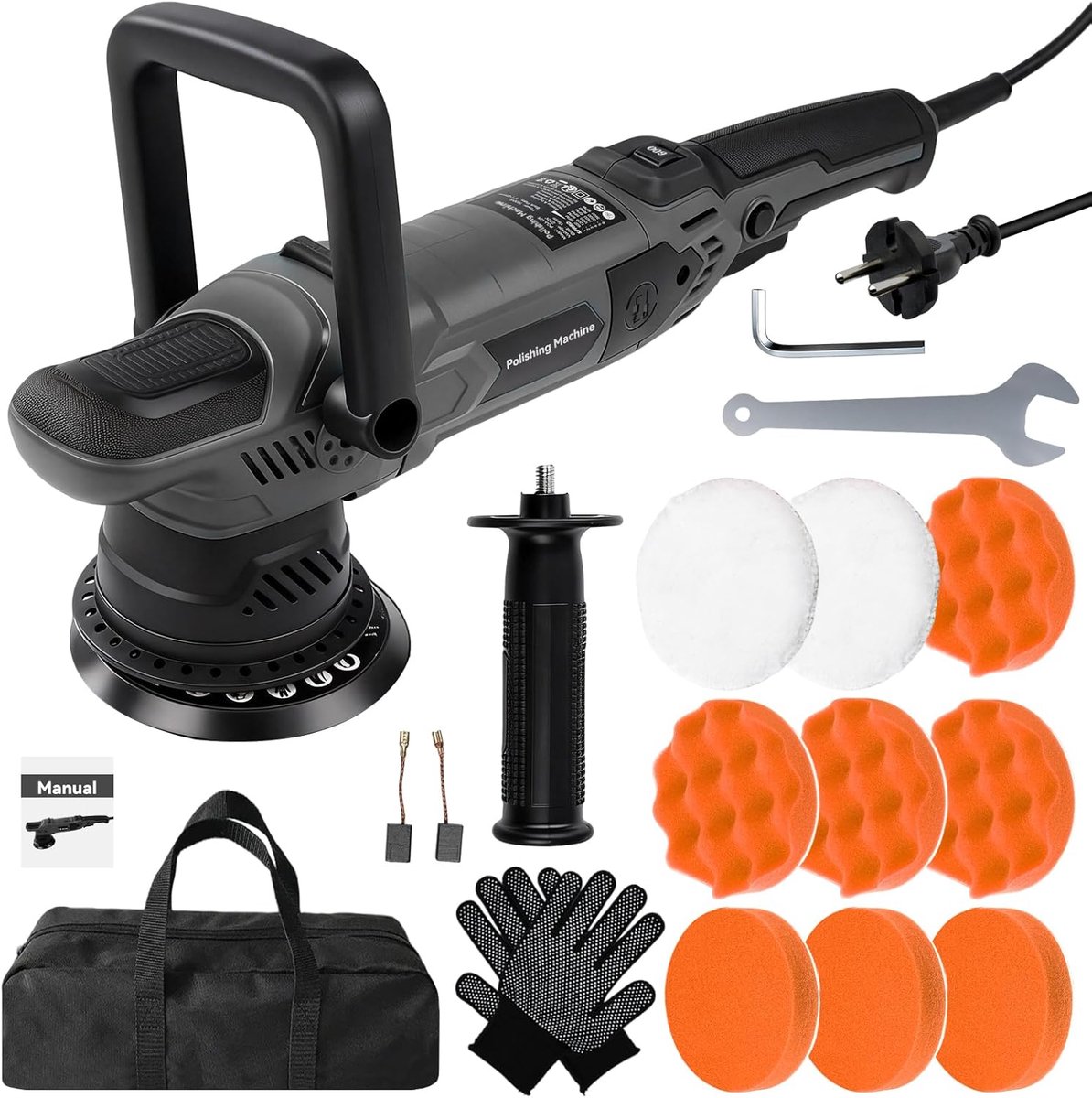 SnelShoppen - Eccentric Car Polisher 1500W met 6 Variabele Snelheden 600-3600rpm, D-Handgreep en Zijhandgreep voor Polijsten, Wachsen en Afwerken van