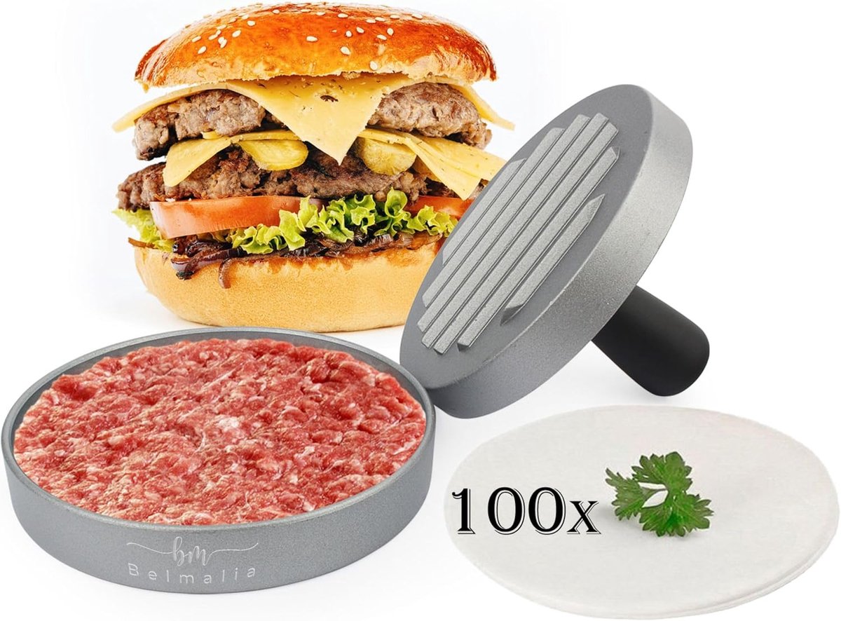 SnelShoppen - Hamburger Press met 100 Vellen Bakpapier - Perfecte Burgers, Gehaktballen, Casserole, BBQ, Antiaanbak, 11 cm voor Keuken en Tuin
