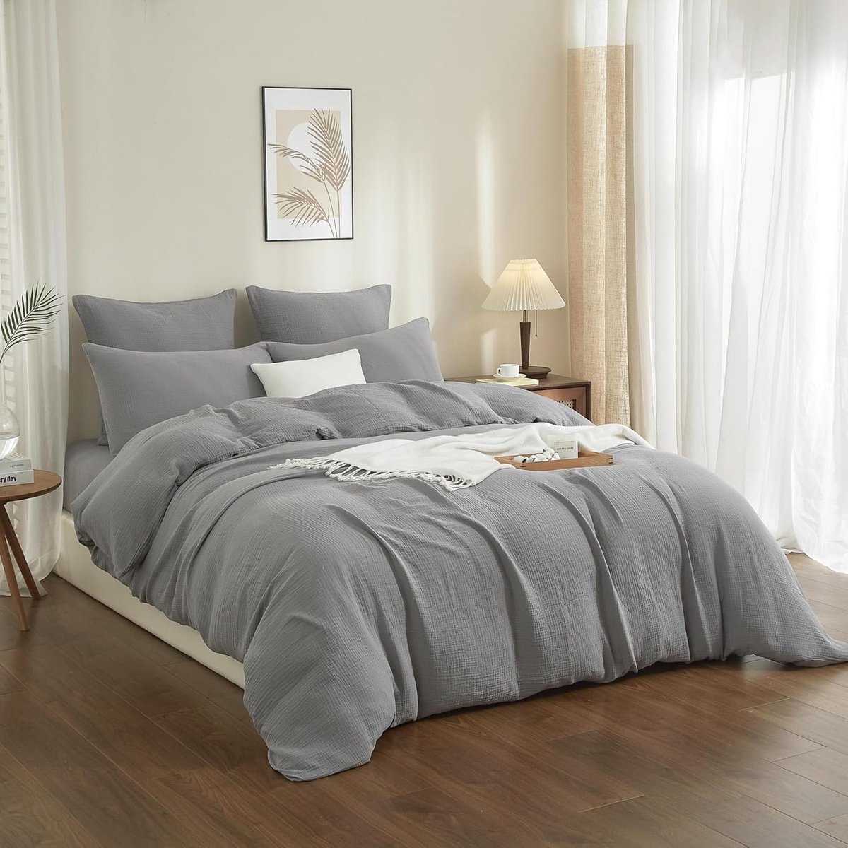 SnelShoppen - Double Moeslijn Bedlinnen 220 x 240 cm, Antraciet Grijs, 100% Katoen Musselin, Zacht Ademend, 3-Delige Set met Rits en 2 Kussenslopen 80
