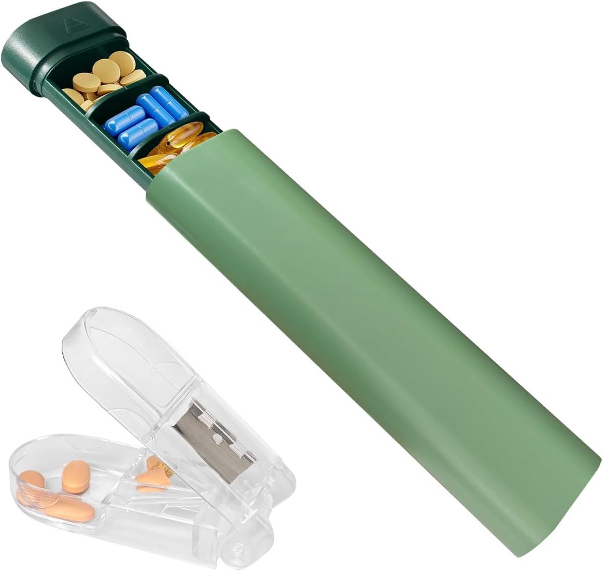Wekelijkse Pillen Organizer voor 7 Dagen met Tablet Cutter, Ideaal voor Reizen en Vitamine Opslag - Groen
