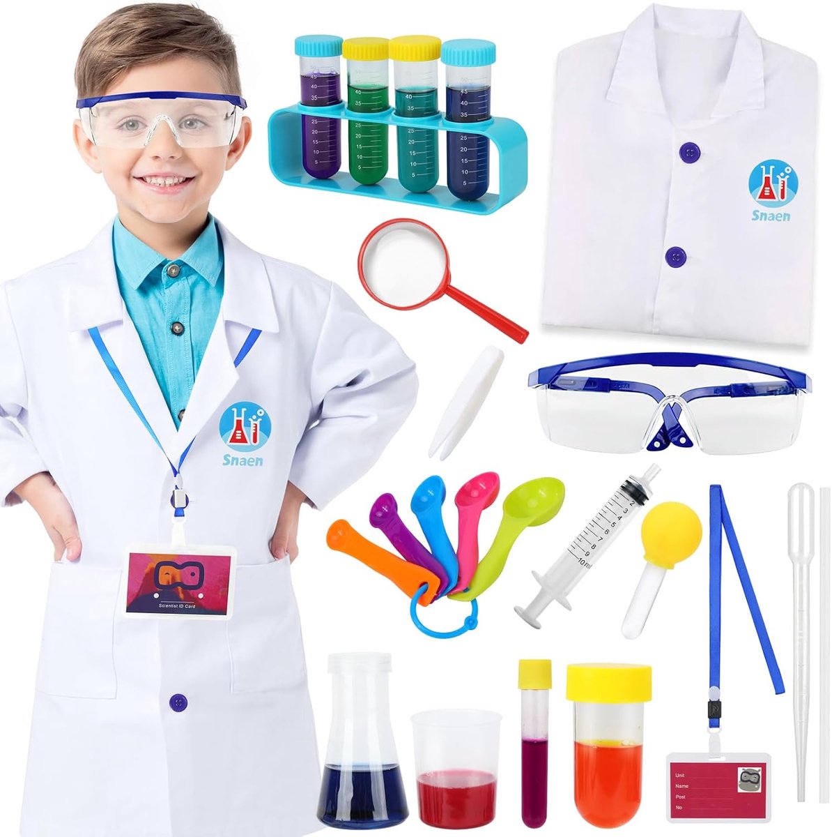 SnelShoppen - 23-delig Wetenschapper Kostuum voor Kinderen, Laboratorium Jas met Dripper, Bril, Experimenten Set, Rollenspel voor Jongens en Meisjes 4