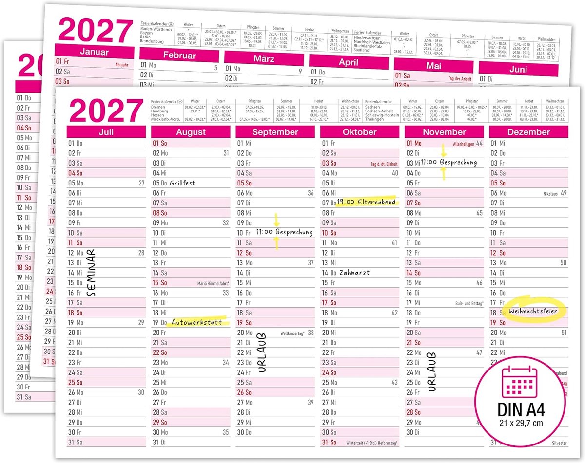 SnelShoppen - TOBJA Tafelkalender 2027 DIN A4 Roze voor Kapsalon, Schoonheidsstudio, Halfjaar Kalender met Feestdagen, 350 g/m² Papier, Wandkalender,