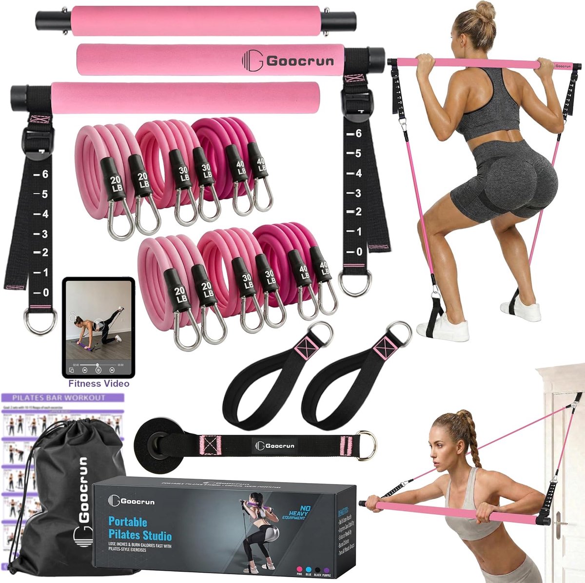 SnelShoppen - Goocrun Pilates Bar Kit met Weerstandsbanden voor Thuis - Multifunctionele, Draagbare Gym voor Volledige Lichaamstraining - Inclusief Fi