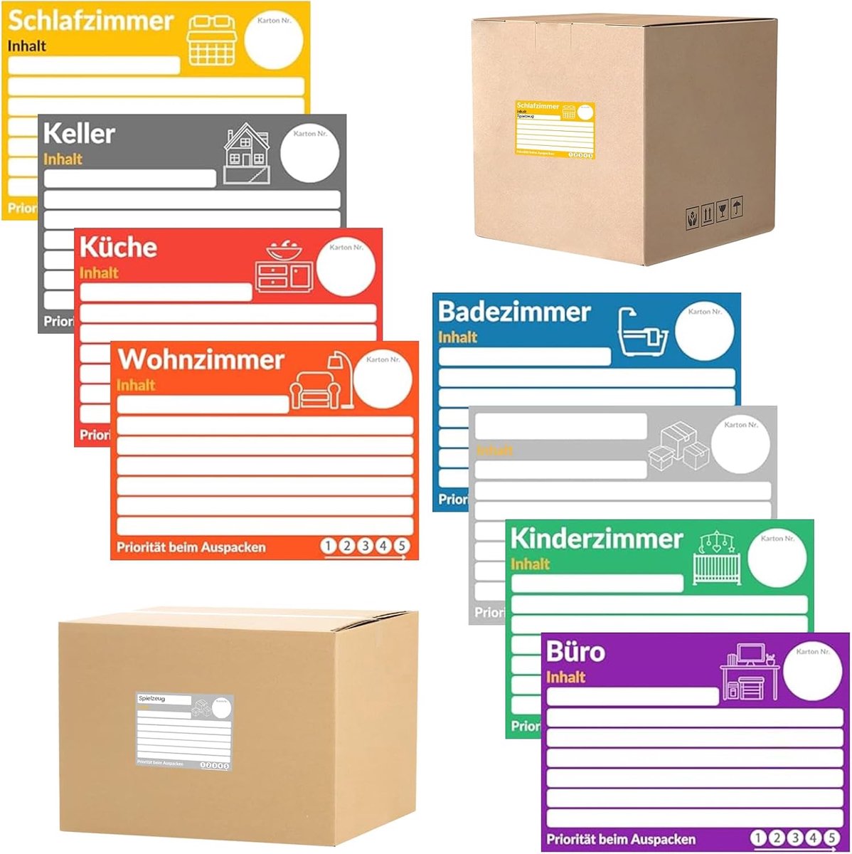 SnelShoppen - 80 Gekleurde Verhuisetiketten 14,8 x 10,5 cm - Zelfklevende Stickers voor Verhuisdozen - 8 Kleuren - Perfect voor Organiseren en Opberge