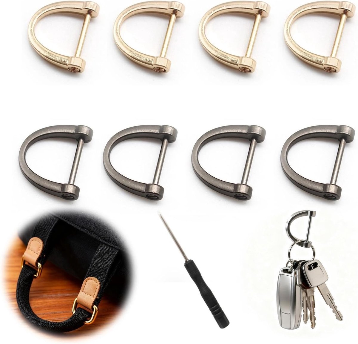 D-ring set van 8 metalen ringen, schouderband haken in zwart en goud, ideaal voor tassen, rugzakken en sleutels