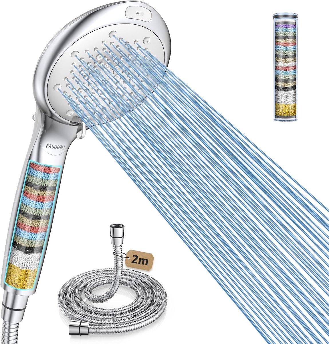SnelShoppen - High Pressure Douchestraal met Anti-Lime Filter, 8 Jet Types, 2m Slang, 20-Laags Waterfilter voor Hard Water, Chloor, Zware Metalen, Bac