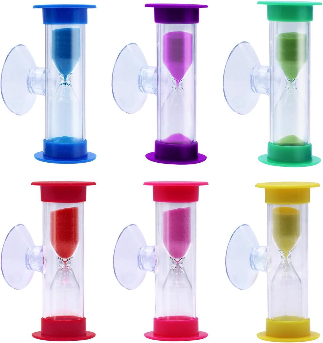 SnelShoppen - 6 Stuks Kids Zandloper 3 Minuten Kleurrijke Zandloper Set met Zuignap Tandborstel Klok Keuken Timer Eitimer voor Tandenpoetsen School Sp