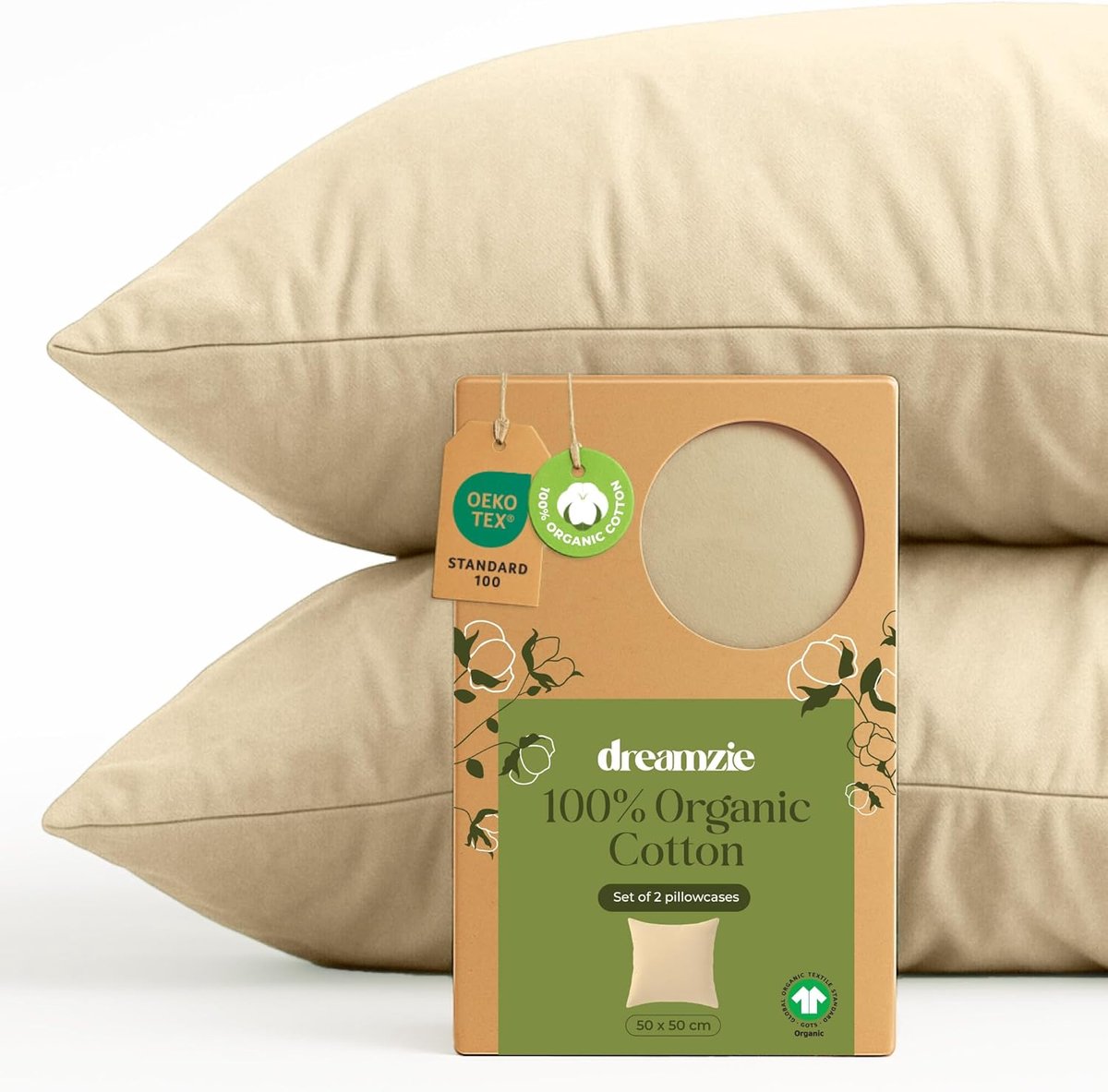 SnelShoppen - 2x Kussensloop 50x50 cm - 100% Biologisch Katoen - Beige - Met Rits - Oeko-Tex Gecertificeerd - Ademend en Thermoregulerend