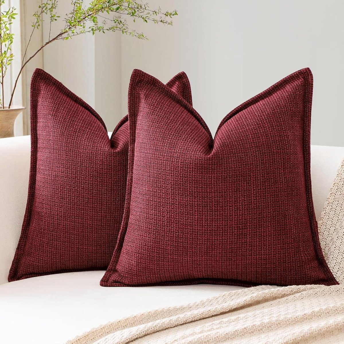 SnelShoppen - Set van 2 Bordeau Kleurige Decoratieve Kussenhoezen 50x50cm - Zachte Polyester Linnen Structuur - Elegant Design voor Sofa, Slaapkamer,