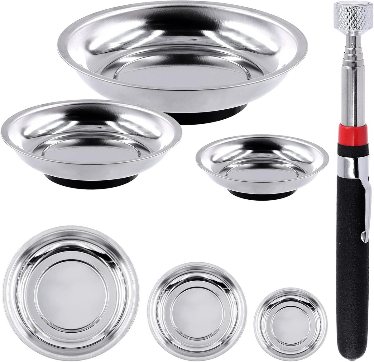 SnelShoppen - 4Pcs Ronde Magnetische Trays 3" 4" 6" RVS met 10lbs Telescopische Magnetische Pickup Tool Set - Magnetische Onderzetters voor Schroeven