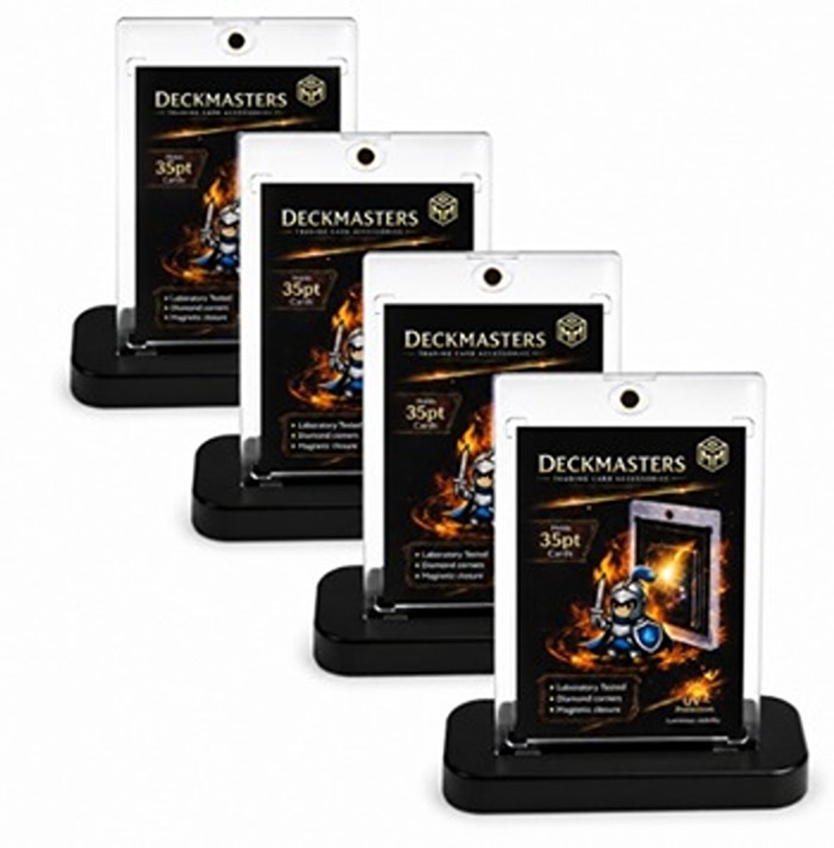 DeckMasters Magnetische Kaarthouders 35PT + Zwarte ABS Standaard - Set van 4 - Trading Card Protector - UV Bescherming - Magnetische Sluiting – Geschikt voor o.a. MTG, One Piece, Lorcana & Sportkaarten