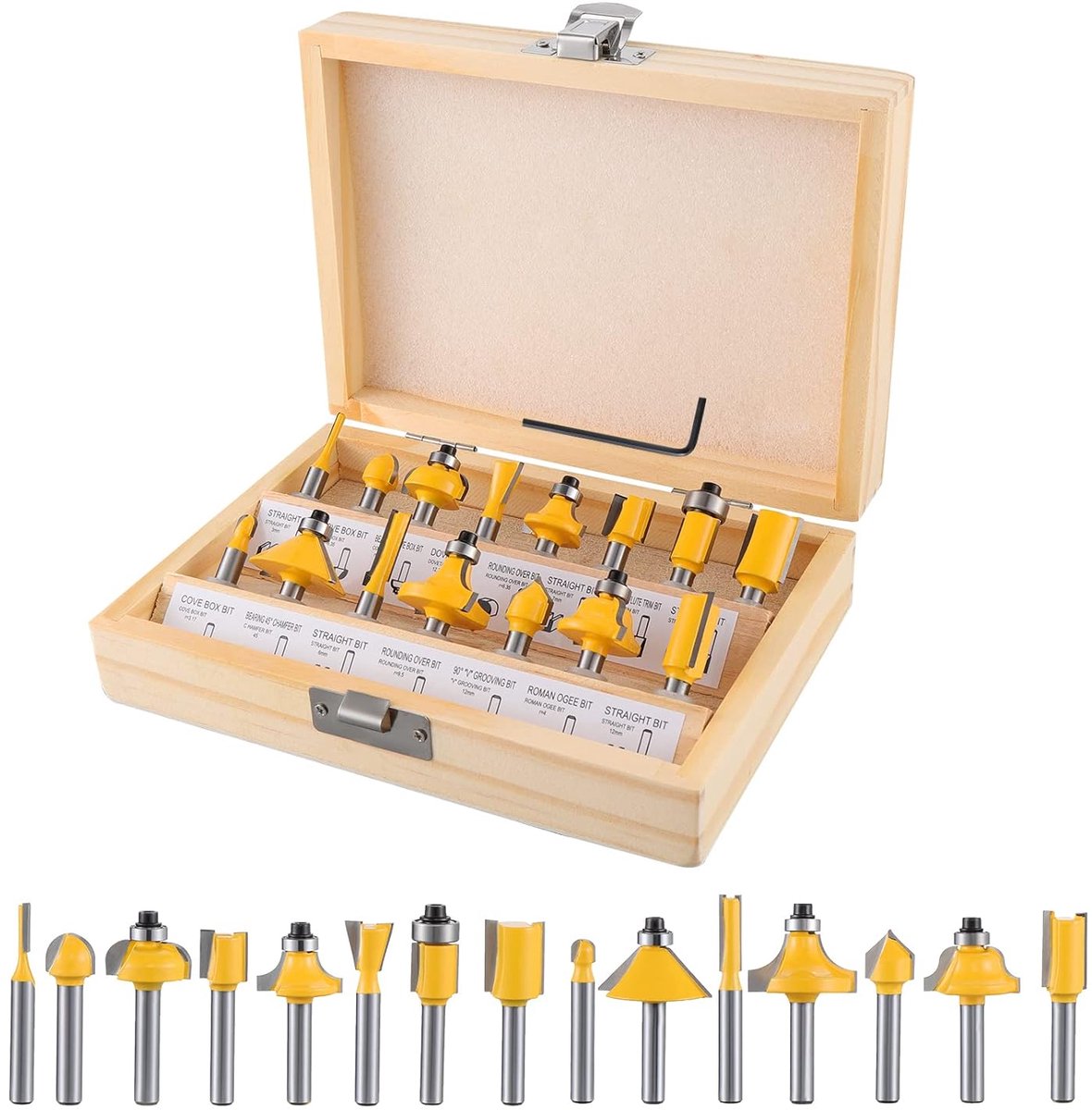 SnelShoppen - 15-delige Freesbits Set 1/4 Inch Schacht, Houtbewerking Tungsten Carbide Frees Cutter Set met Houten Kist en Sleutel