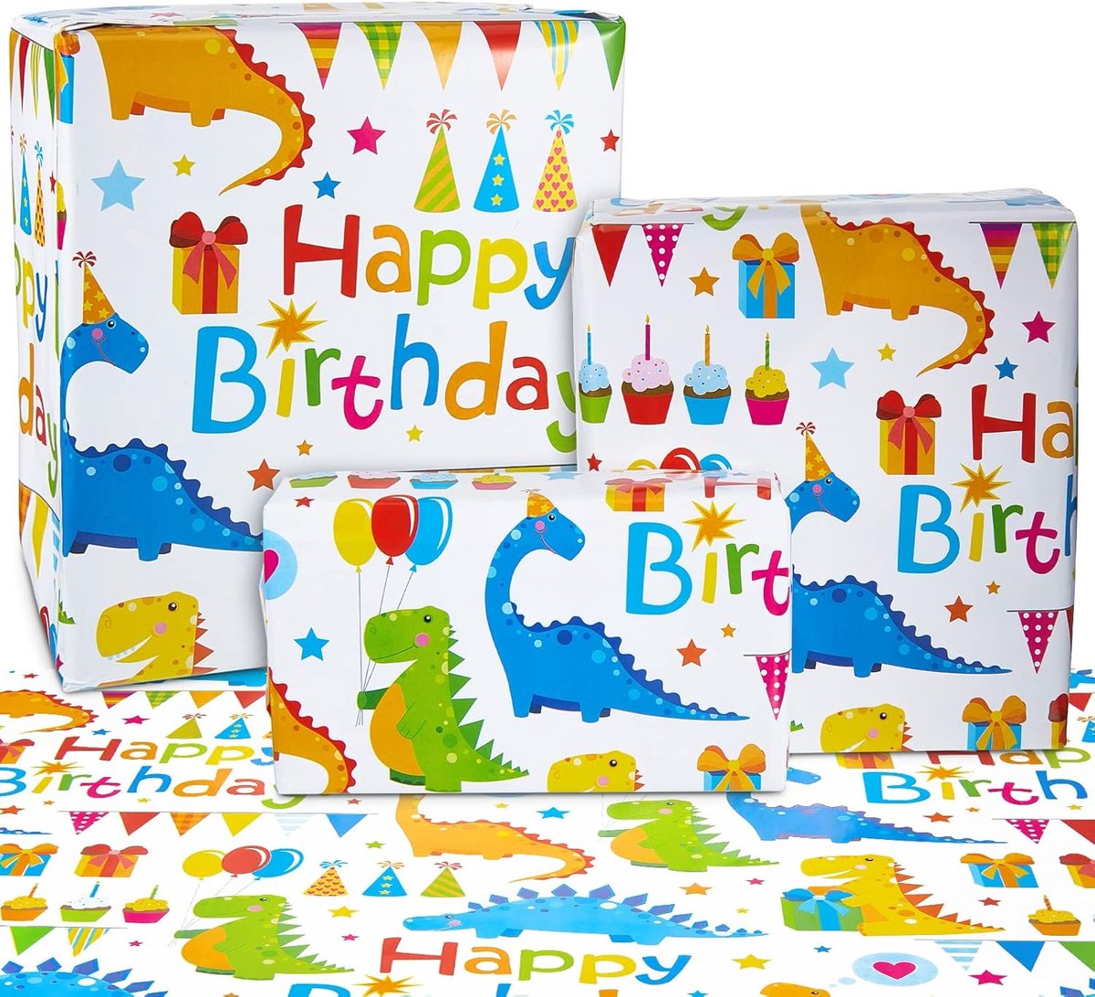 SnelShoppen - 6 Vellen Dinosaurussen Inpakpapier voor Kinderen - 70x50cm Verjaardagscadeaus - Schattige Patronen in Felle Kleuren - Perfect voor Jonge
