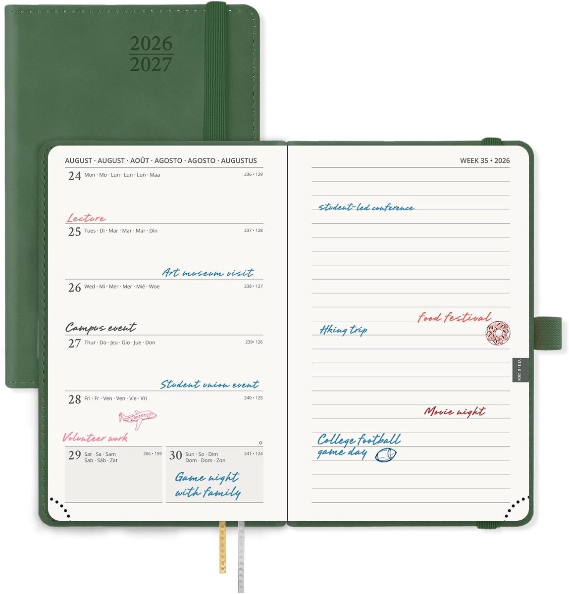 SnelShoppen - Pocket Agenda 2026 2027 A6 Weekplanner met Notitiepagina, 17 Maanden, Groene PU Leren Kaft, 80gsm Papier, Compact en Handzaam voor Organ