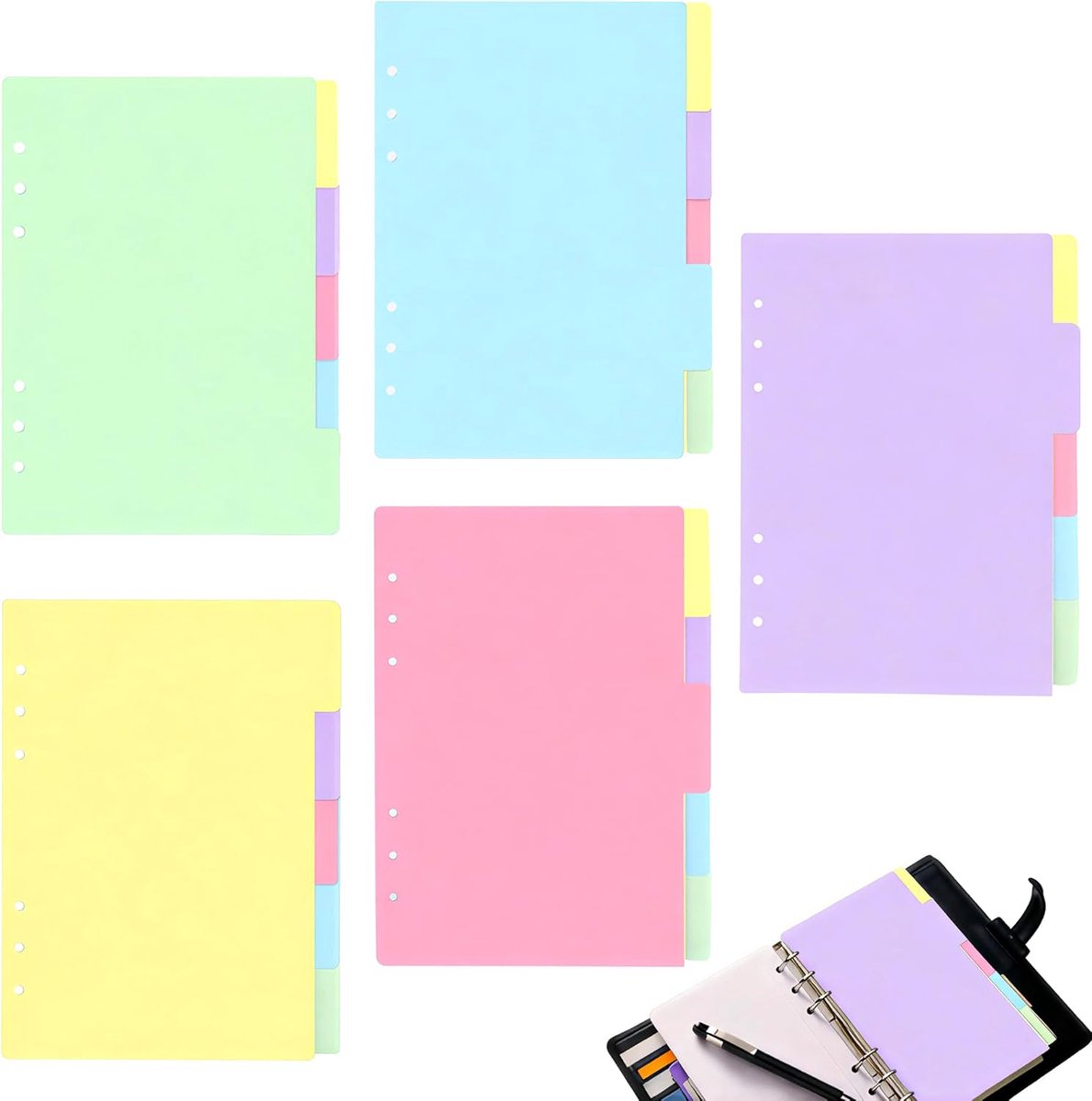 SnelShoppen - A5 Binder Tabs 25 Vellen met 6 Gaten, 5 Kleuren voor Mappen, Planner en Notitieboek - Perfecte Organisatie
